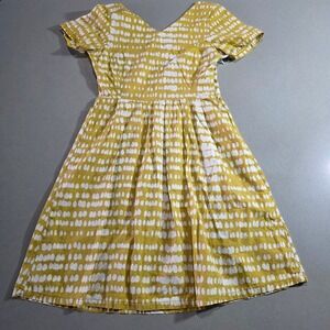 Global Mamas Mustard Yellow White Dot Print V-Neck Fit & Flare Dress Small Ghana